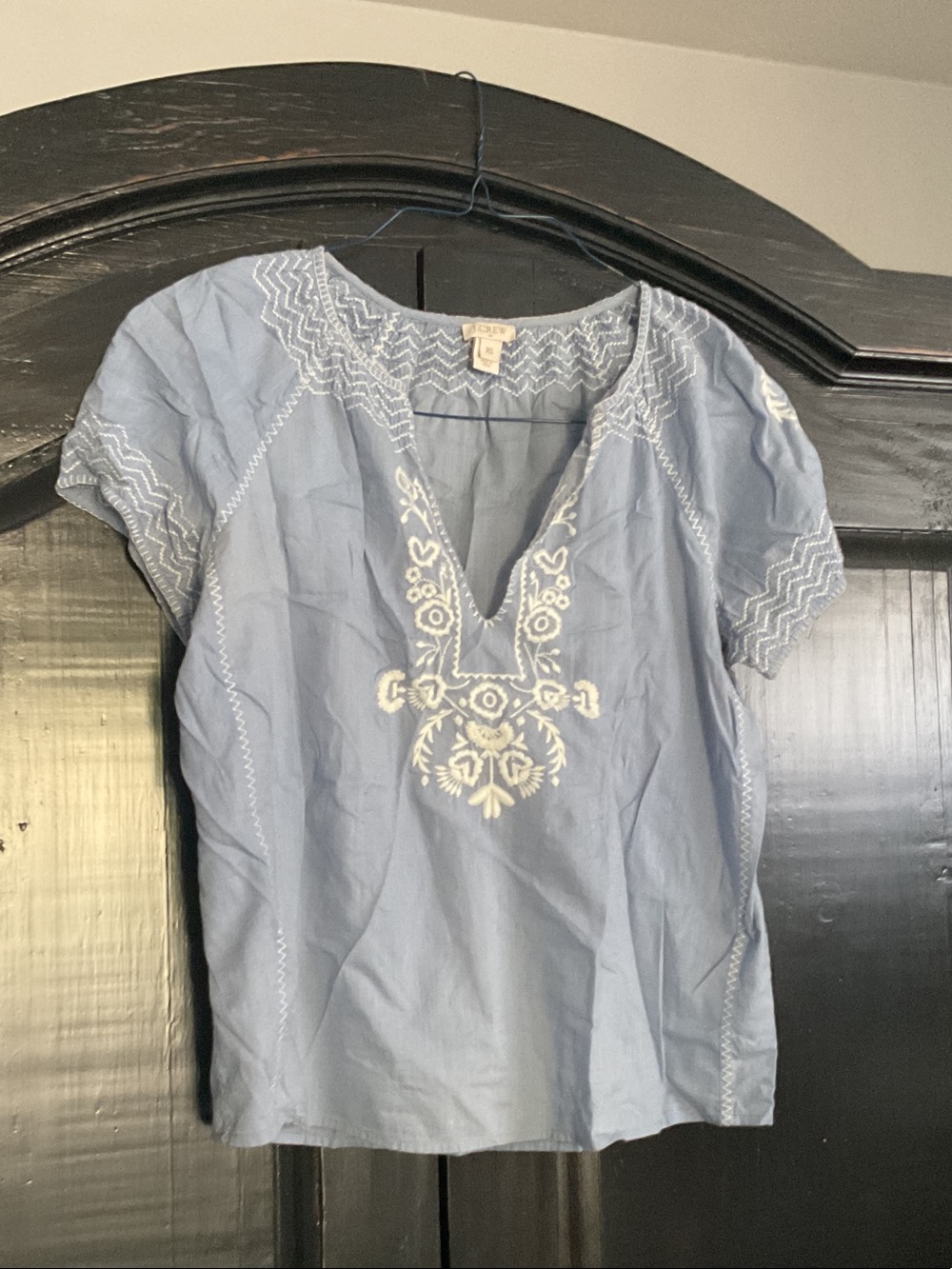 J. Crew Light Blue V-Neck Embroidered Cotton Blouse